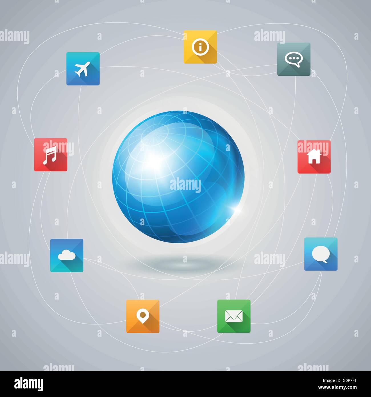Vector infographic template avec globe bleu et l'ombre portée de l'icônes. Les éléments sont séparément en couches en fichier vectoriel. Illustration de Vecteur