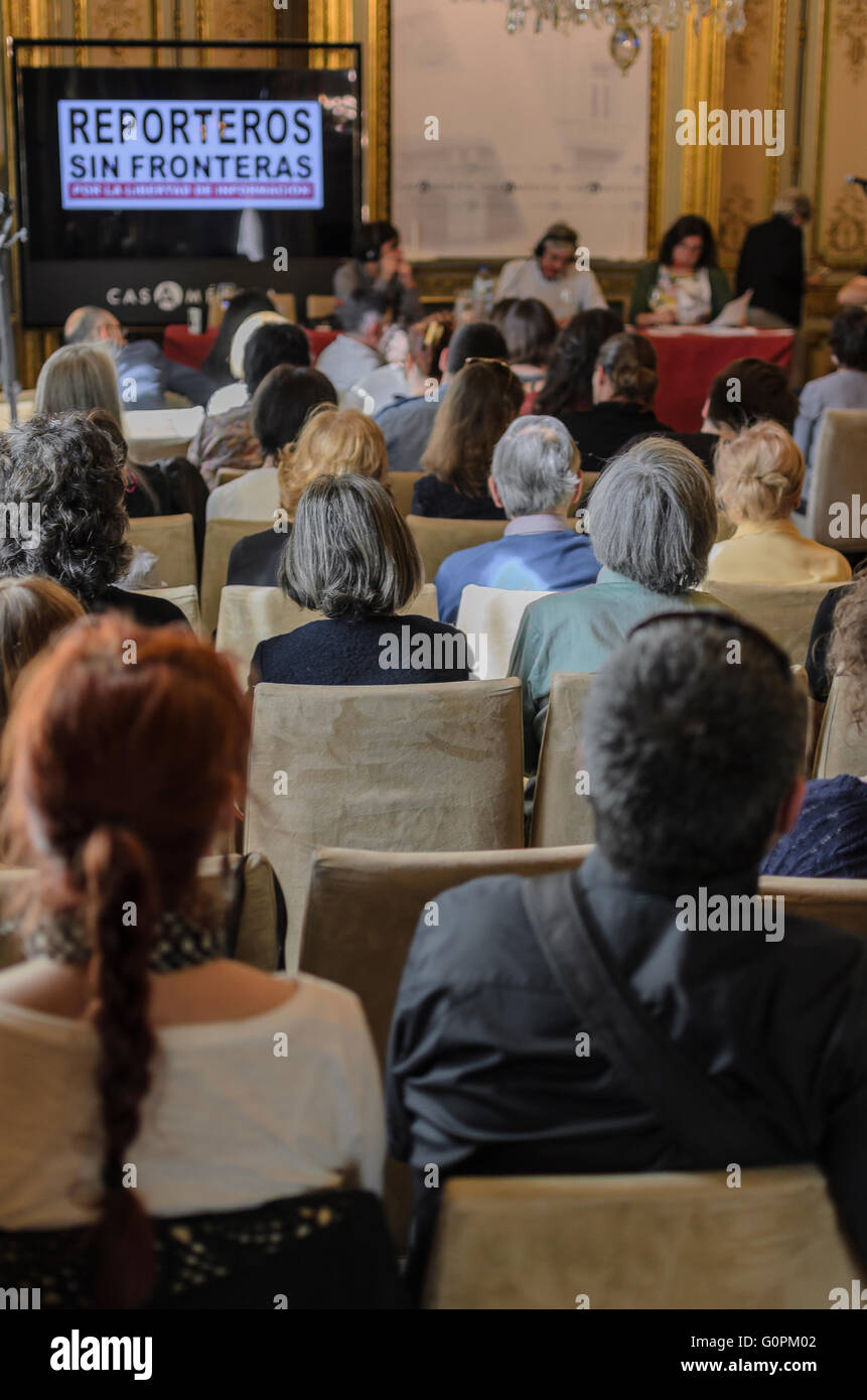 Madrid, Espagne, 3e mai 2016. Casamérica. Dans une conférence publique dans la journée mondiale de la liberté de la presse organisé par Reporters sans frontières. Credit : Enrique Davó/Alamy Live News Banque D'Images
