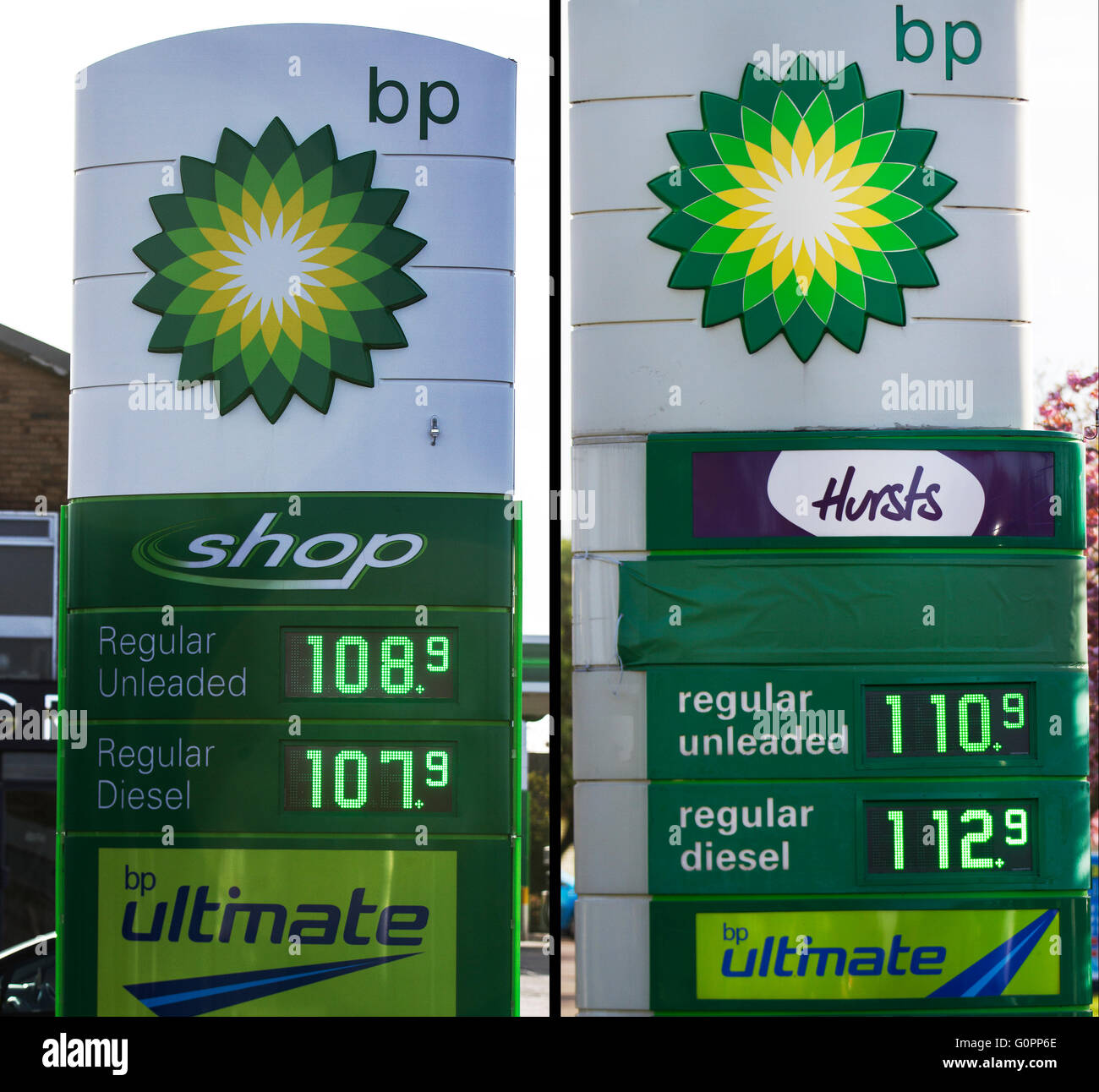 Southport, Merseyside; différentiel de prix du carburant en garage à 1,6 km l'un de l'autre. Le coût du diesel de différents détaillants britanniques. À un moment donné, le diesel était taxé moins que le carburant sans plomb et il était donc moins cher de faire l'appoint de votre voiture et a permis une meilleure économie de carburant. Aujourd'hui, cela coûte le même prix et généralement plus. Alors que plus de 60 % du coût du diesel est une taxe, il est possible de faire des achats auprès de différents détaillants et de constater que certains sont moins chers que d'autres dans ces deux garages situés à un mile de différence de 5p par litre. Banque D'Images