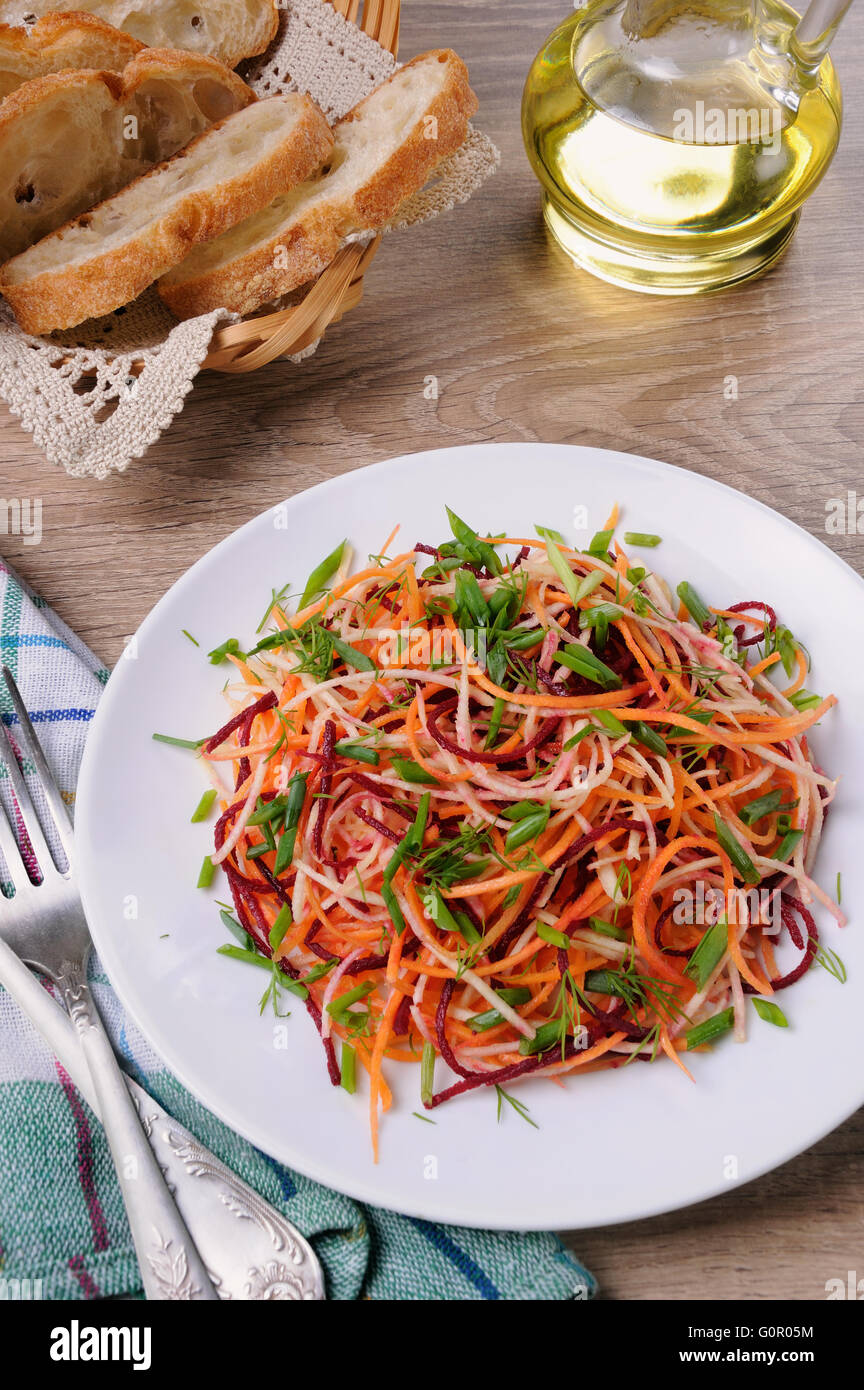 Une assiette de salade de betterave crue râpée, carottes et céleri sur Banque D'Images