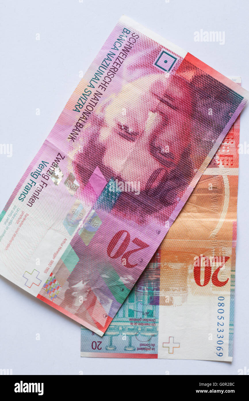 Vue en gros de billets de vingt francs suisses Banque D'Images