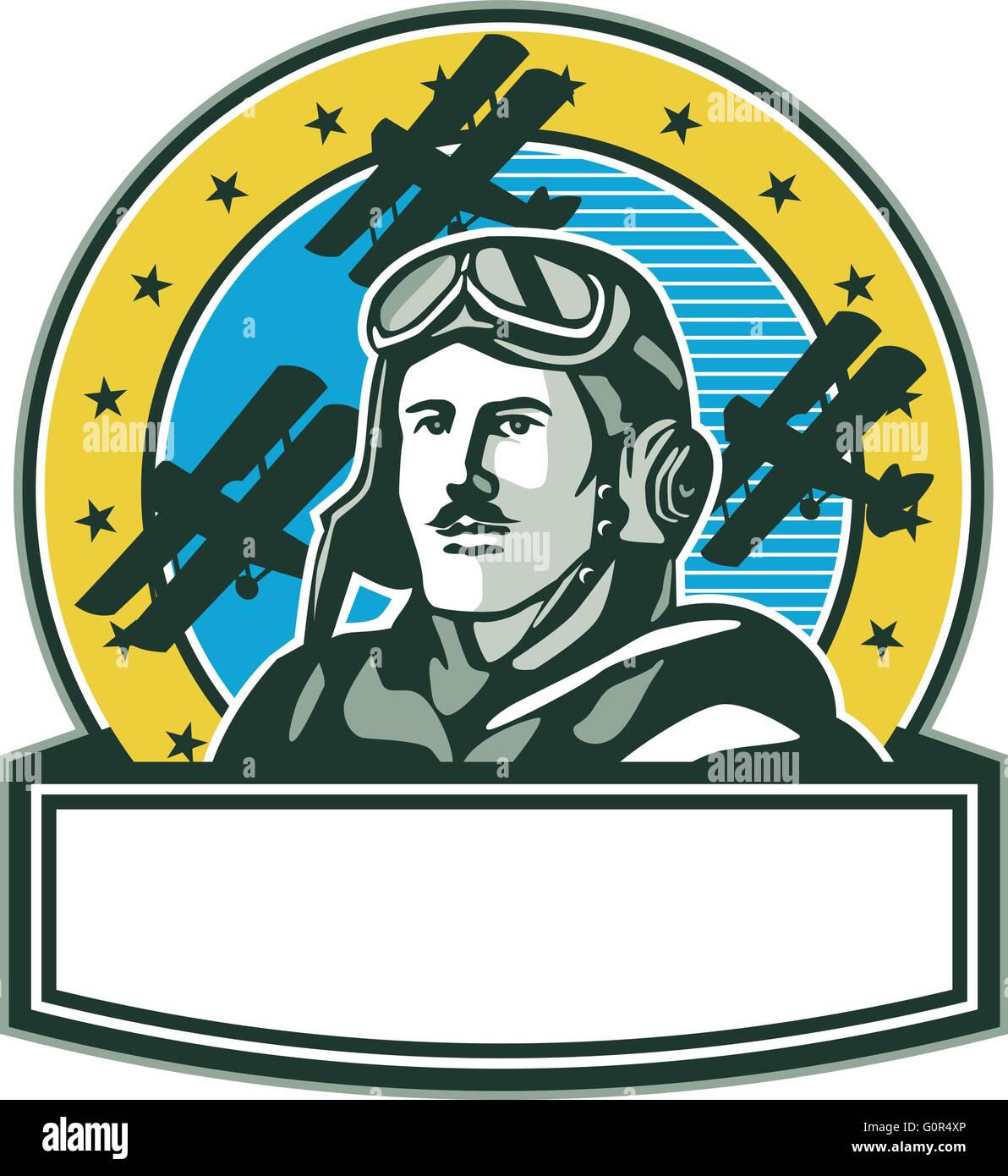 Illustration d'un pilote de la première guerre mondiale vintage aviator aviateur avec moustache buste avec les avions de chasse biplan spad et les étoiles en arrière-plan défini à l'intérieur du cercle fait en style rétro. Illustration de Vecteur