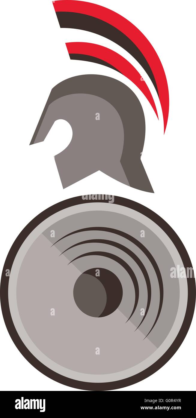 Illustration d'un casque et un bouclier guerrier spartiate vu le côté isolé sur fond blanc fait en style rétro. Illustration de Vecteur