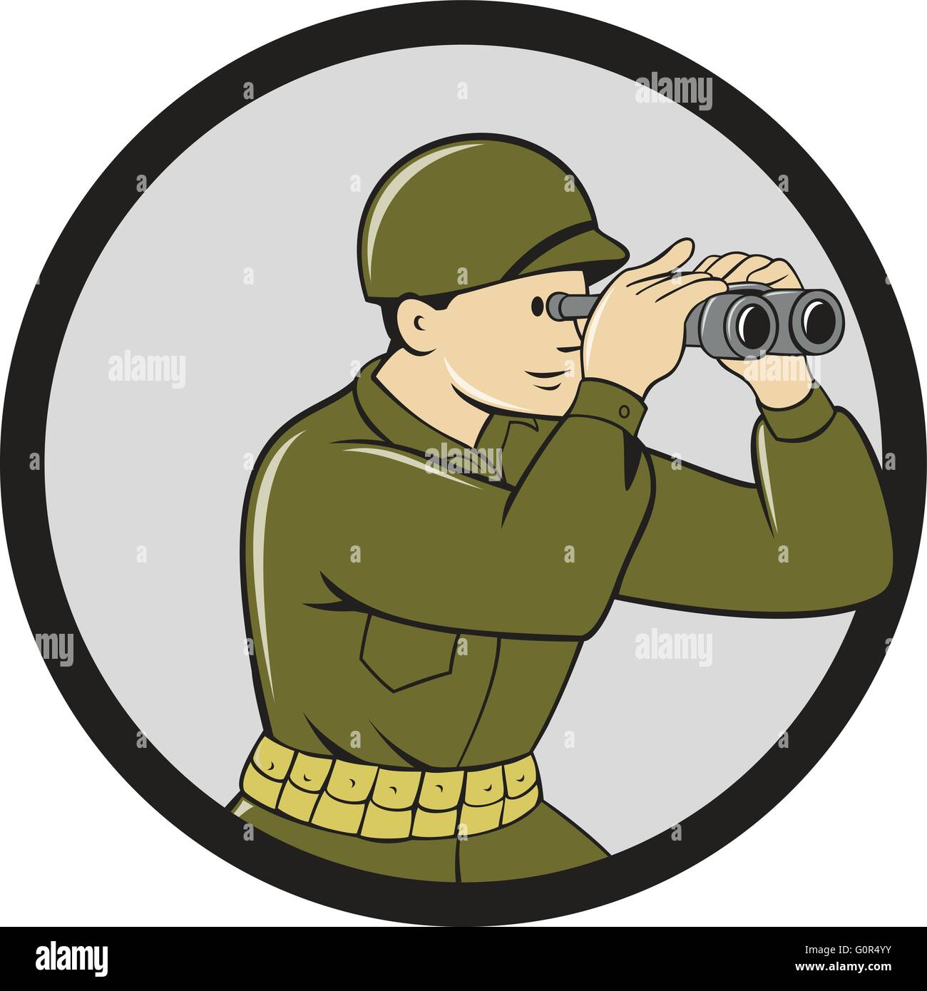 Illustration d'un soldat américain de la Première Guerre mondiale à travers les jumelles militaire vu de côté, de définir à l'intérieur du cercle fait en style cartoon. Illustration de Vecteur