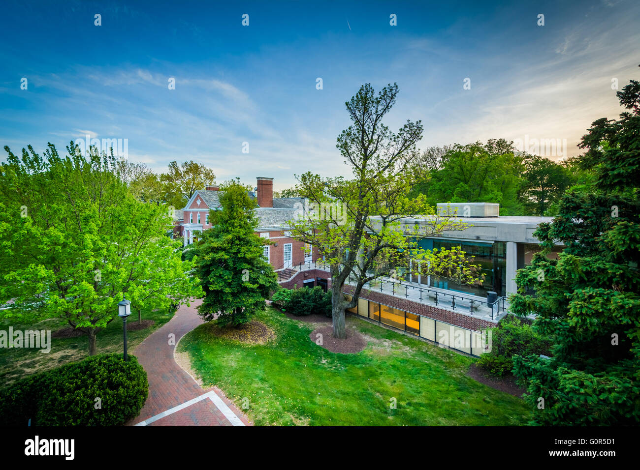 Voir des bâtiments et des arbres à l'Université Johns Hopkins, à Baltimore, Maryland. Banque D'Images