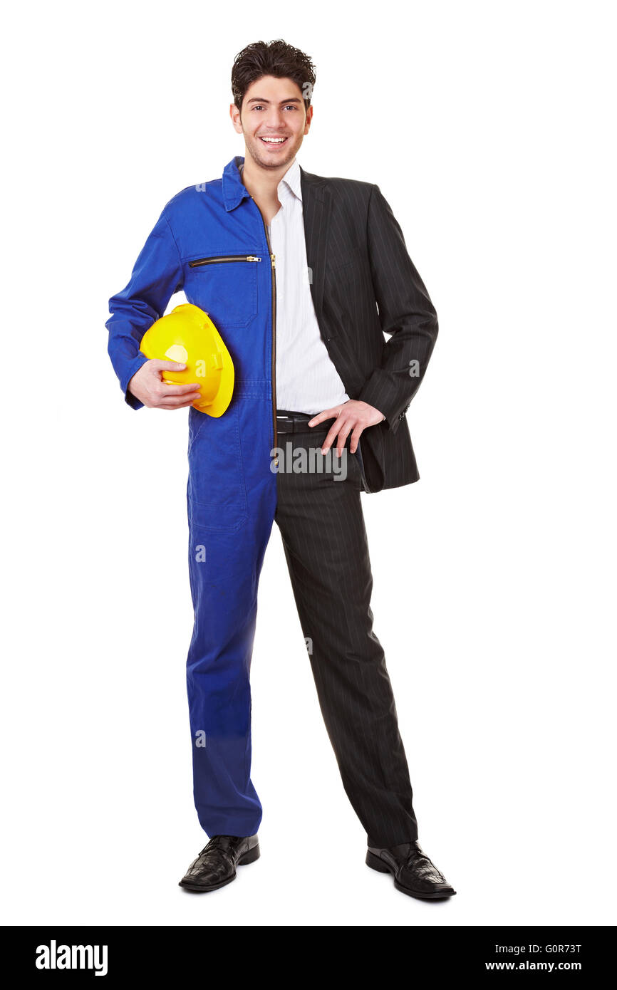 Jeune homme debout la moitié dans une combinaison de saut et les vêtements d'affaires Banque D'Images