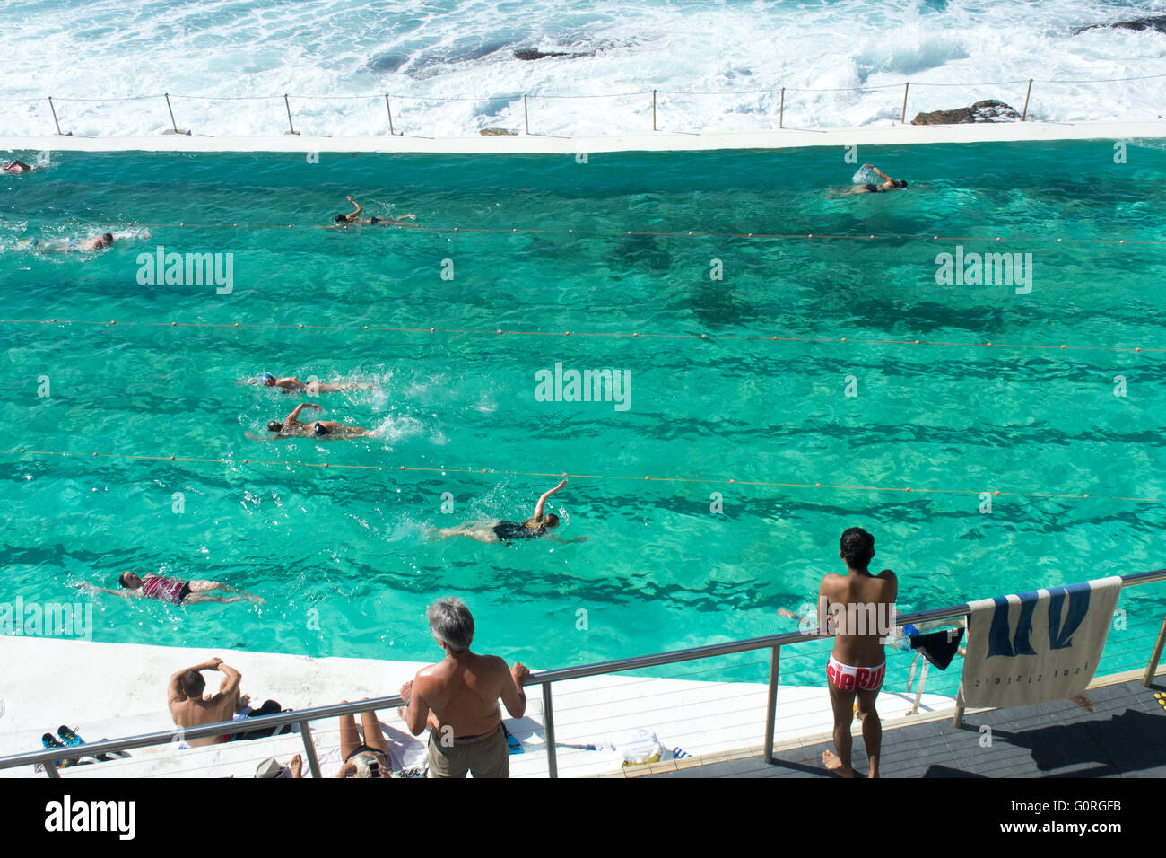 La natation de personnes dans la piscine à Bondi Icebergs de Bondi Beach. Banque D'Images