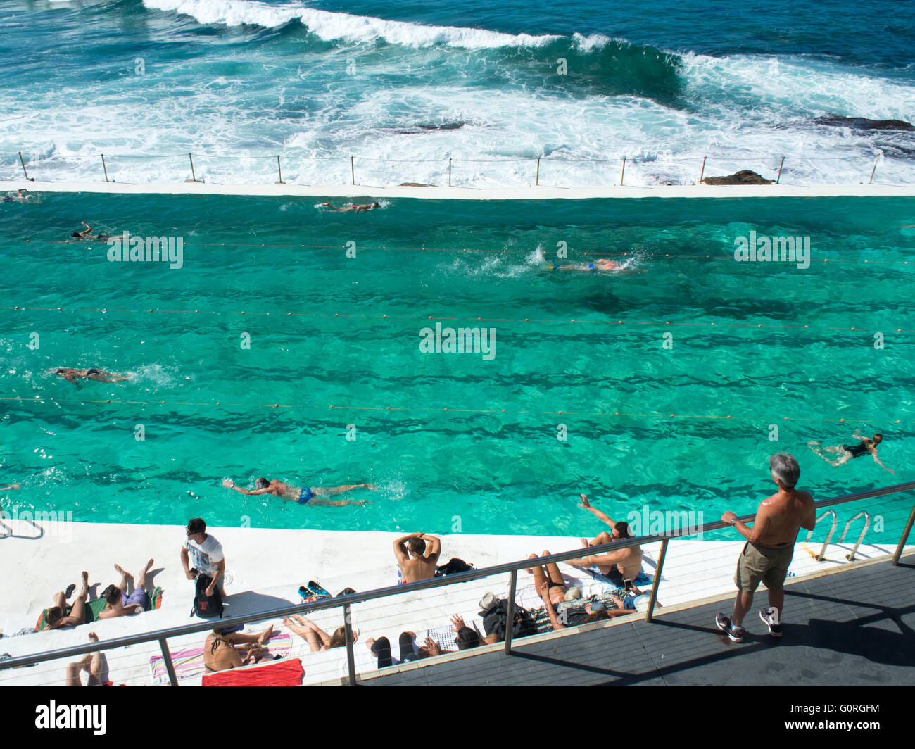 La natation de personnes dans la piscine à Bondi Icebergs de Bondi Beach. Banque D'Images