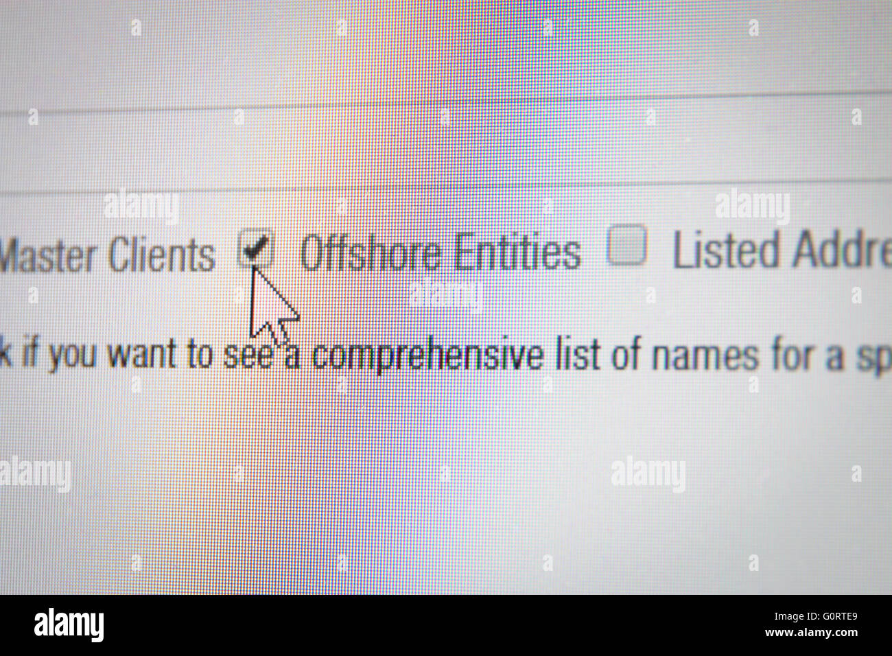 Close up of 'entités offshore' boite de contrôle sur la base de données de l'ICIJ Mossack Fonseca 'Panama' Documents fuite. Banque D'Images