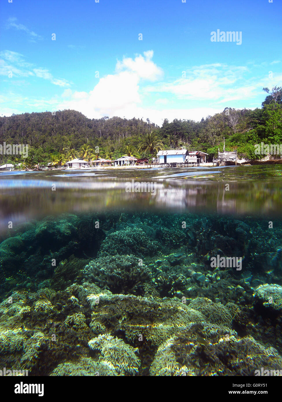 Village sur pilotis avec à proximité des récifs coralliens, GAM, l'île de Raja Ampat, Papouasie occidentale, Province de l'Indonésie. Pas de PR Banque D'Images