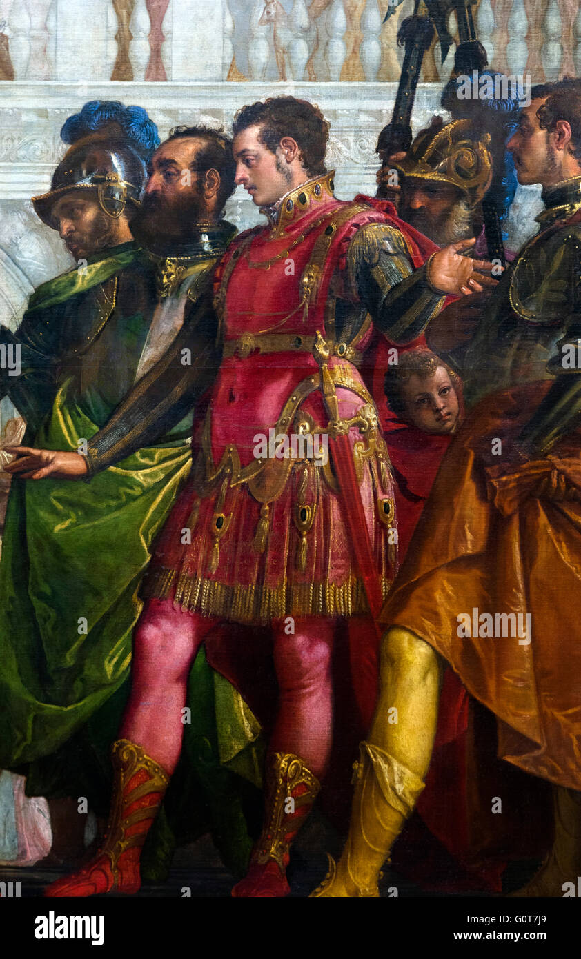 Alexandre le Grand (en rouge) comme décrit dans 'La famille de Darius devant Alexandre' par Paolo Véronèse, c.1565-7. Cette image est un détail d'un ensemble beaucoup plus vaste de la peinture. Banque D'Images