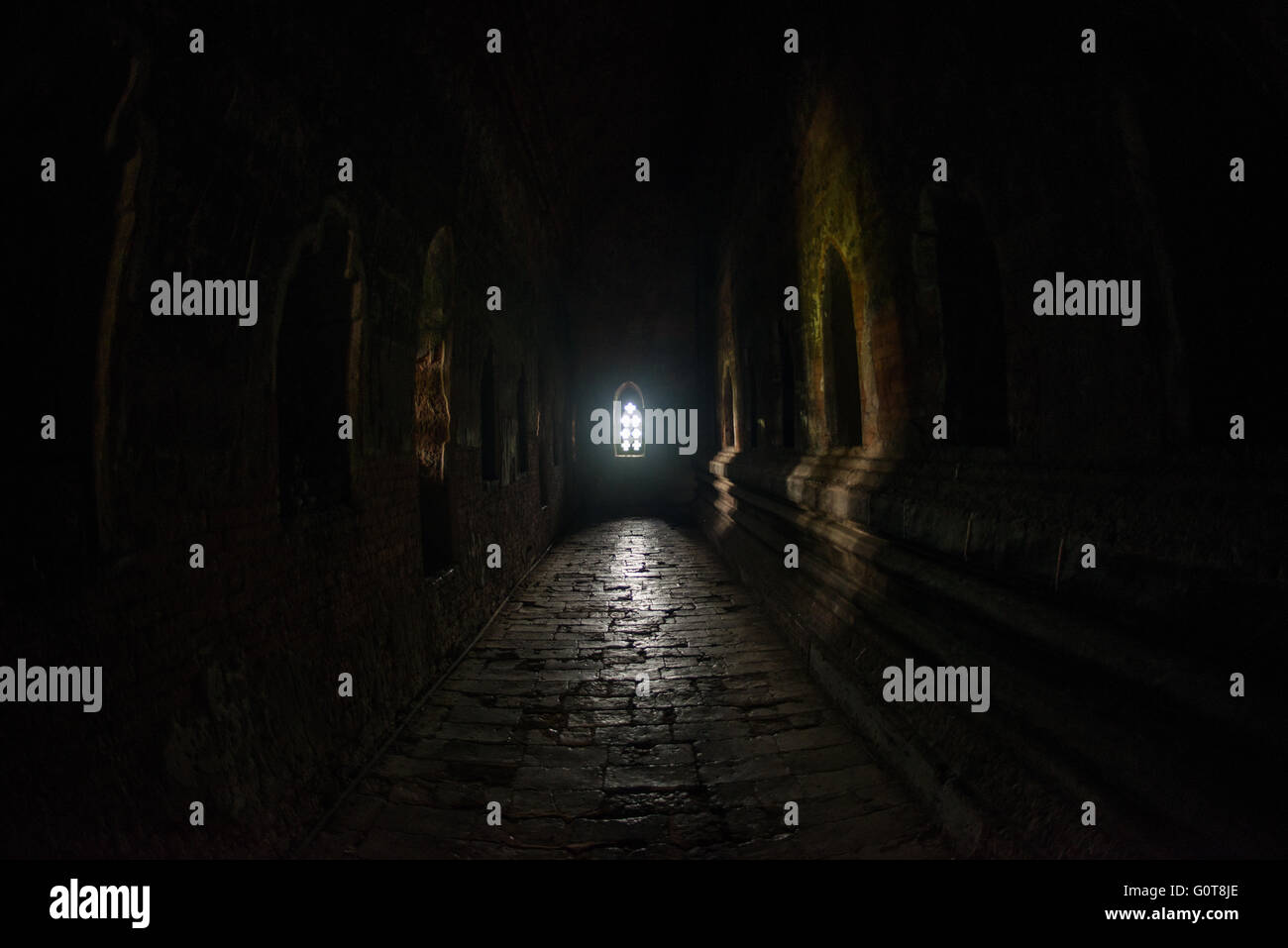 Temple Nagayon statues de Bouddha Bagan Myanmar // BAGAN, Myanmar — les statues de Bouddha occupent des niches murales dans la salle intérieure du temple Nagayon (également connu sous le nom de temple Naga Yon Hpaya), un temple de la fin du XIe siècle construit sous le règne du roi Kyanzittha vers 1090-1105 après JC. Le temple présente des reliefs en pierre représentant la vie de Bouddha dans des niches à l'intérieur de la salle, avec soixante niches dans les murs ambulatoires contenant des sculptures représentant les vingt-huit Bouddhas du passé. Le temple Nagayon est situé dans le quartier de Myinkaba à Bagan et représente un prototype architectural important qui préfigurait Banque D'Images
