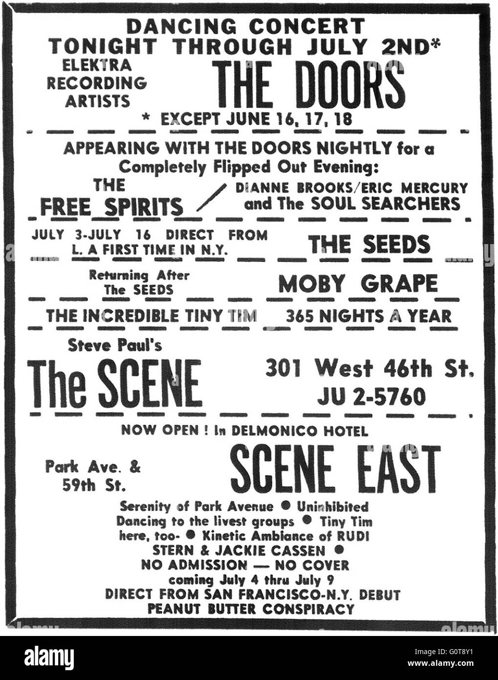 Imprimer l'annonce pour un concert à portes discothèque Steve Paul's la scène à New York City, vers 1967. D'autres lois : les esprits libres, Dianne Brooks, Eric Le mercure, l'âme, les chercheurs les graines, Moby Grape, Tiny Tim et The Peanut Butter Conspiracy. Avec la permission de l'Granamour Weems Collection. Usage éditorial uniquement. Banque D'Images