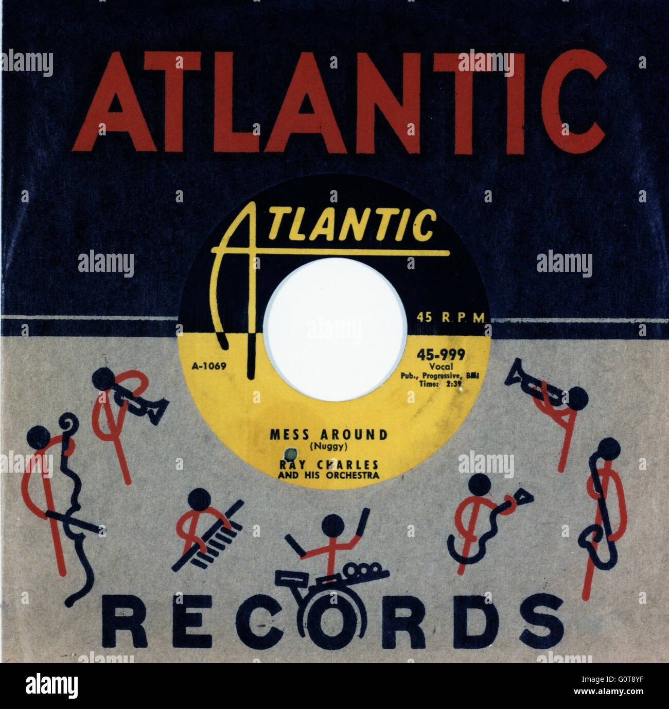 Ray Charles 45 tr/min seul de sa chanson 'Mess autour d', écrit par Atlantic Records président et fondateur Ahmet Ertegun, vers 1953. Avec la permission de Granamour Weems Collection. Usage éditorial uniquement. Banque D'Images