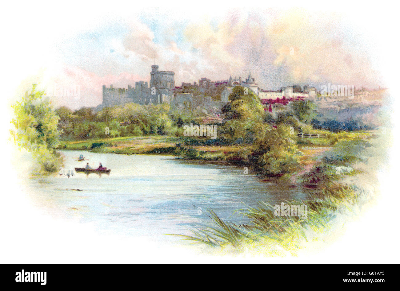 Chromolithographic illustration couleur du château de Windsor et la Tamise, prises à partir d'une carte postale édouardienne. Banque D'Images