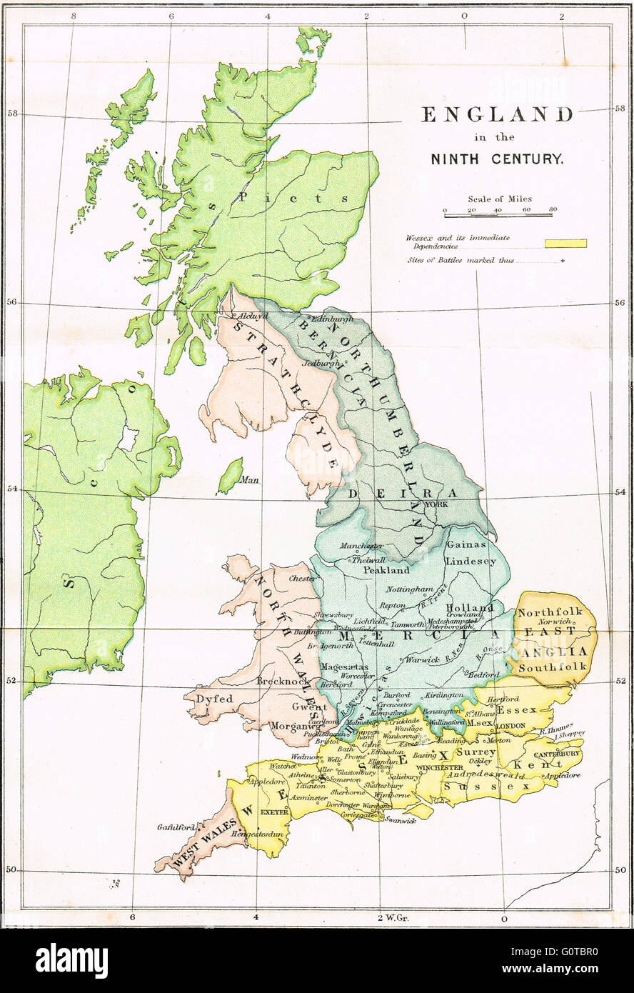 Site de l'Angleterre dans le neuvième siècle montrant les royaumes anglo-saxons Banque D'Images