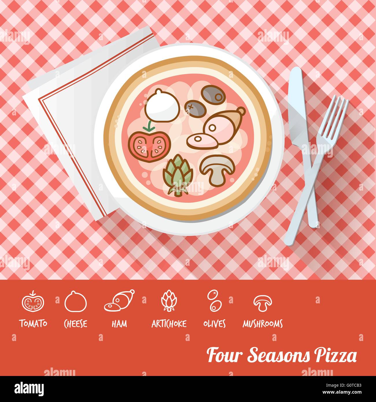 Pizza quatre saisons sur un plat avec les ingrédients et recette icône nom en bas Illustration de Vecteur