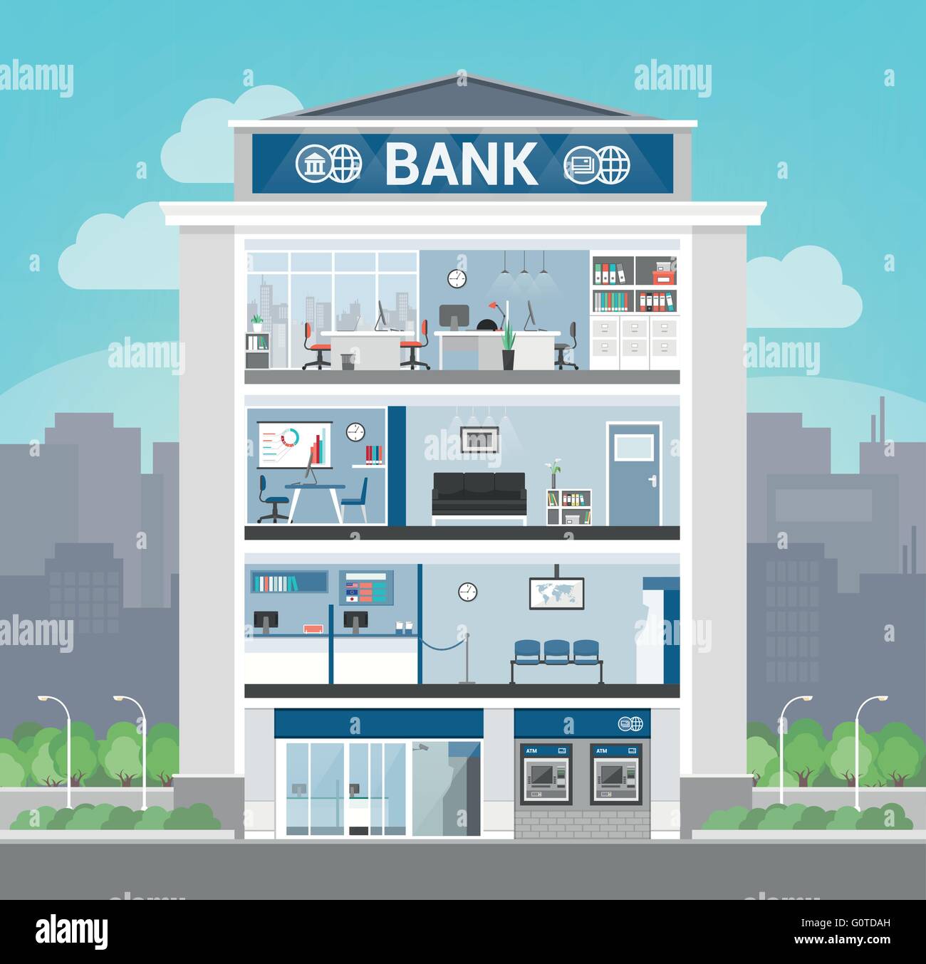 Intérieur du bâtiment de la banque avec office,/24, une salle d'attente, entrée et self service atm, banques et finance concept Illustration de Vecteur