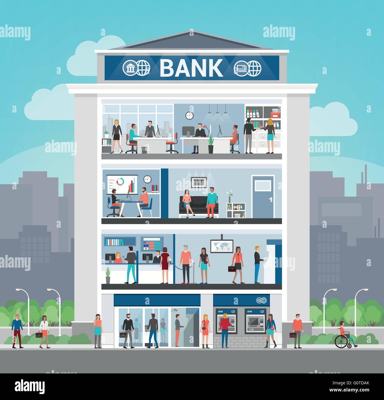 Bâtiment de la banque avec des gens qui travaillent et intérieurs des chambres, office,/24, une salle d'attente, self service atm et entrée privée, le financement d'une Illustration de Vecteur Bâtiment de la banque avec des gens qui travaillent et intérieurs des chambres, office,/24, une salle d'attente, self service atm et entrée privée, le financement d'une Illustration de Vecteur
