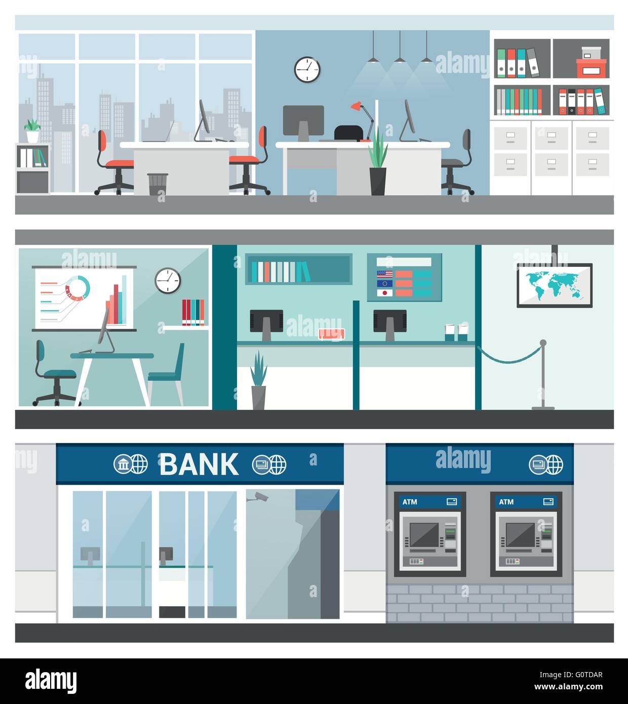 Banque et finances, bannières, service client, distributeur automatique et réception Illustration de Vecteur Banque et finances, bannières, service client, distributeur automatique et réception Illustration de Vecteur