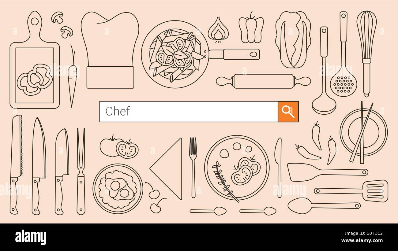 Restaurant, Chef de cuisine et de bannière avec une barre de recherche, une fine ligne d'outils et d'objets Illustration de Vecteur