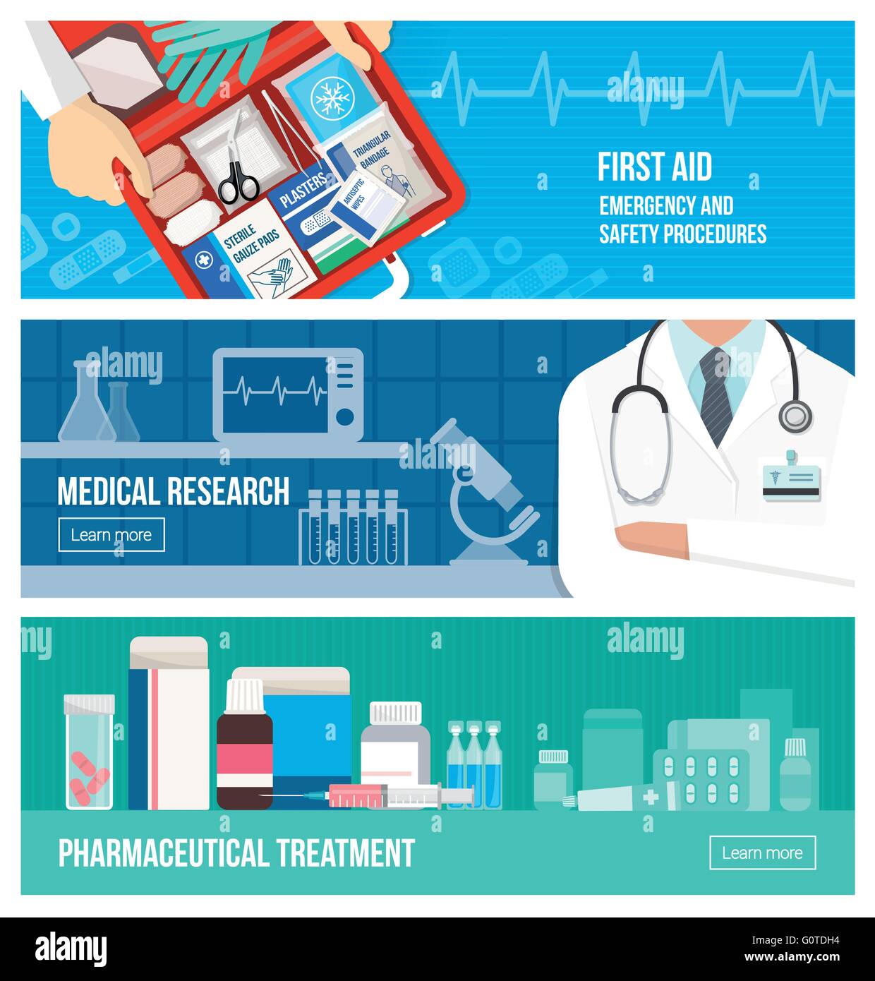 Bannière médical situé sur urgence, les premiers soins, de la recherche scientifique et le traitement pharmaceutique Illustration de Vecteur