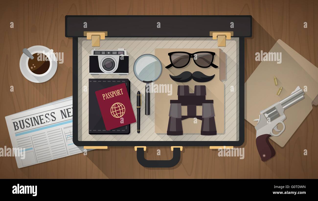 Detective vintage porte-documents avec appareil photo, loupe, lunettes, passeport, moustaches, revolver et de journaux sur un bureau, top v Illustration de Vecteur
