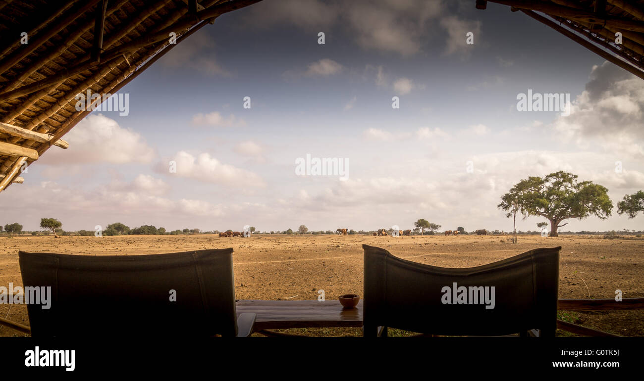 Une cabine de tentes donnant sur Watering Hole, Kenya, Tsavo Ouest Banque D'Images