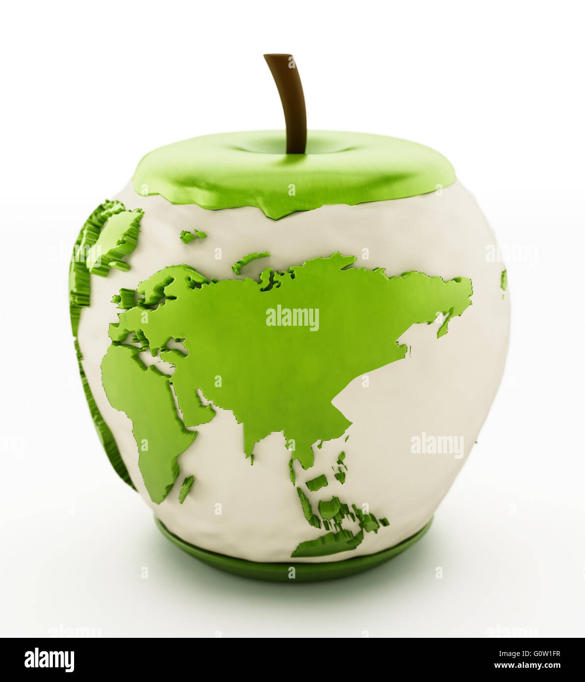 Sur la carte de la terre à moitié mangé la pomme verte isolée sur fond blanc Photo Stock Alamy
