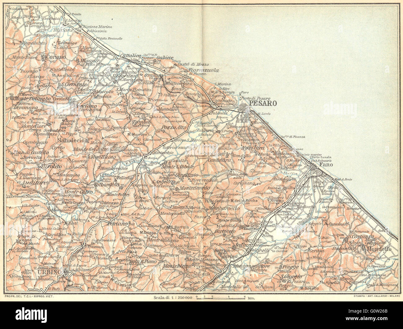 Italie : côte Adriatique Rimini à Mondolfo : Pesaro Urbino, Fano Cattolica 1924 map Banque D'Images