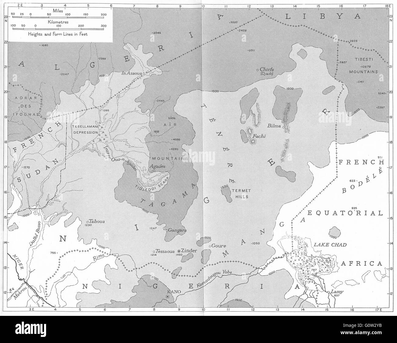 NIGER : physique et géologie : Niger, 1943 carte vintage Banque D'Images