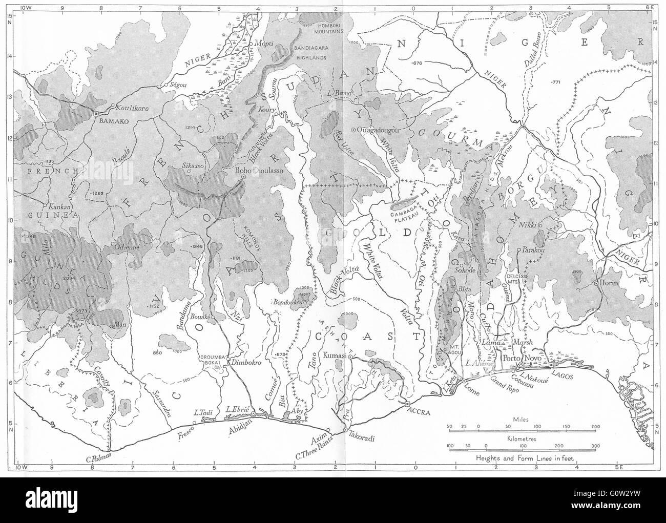 Guinée : physique et géologie : la côte de Guinée, 1943 Bassins carte vintage Banque D'Images