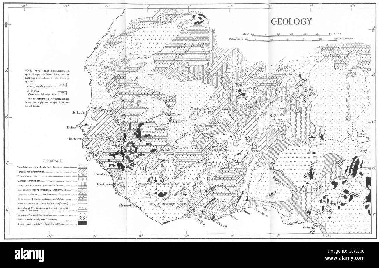 Afrique : géologie et physique : géologie, 1943 carte vintage Banque D'Images