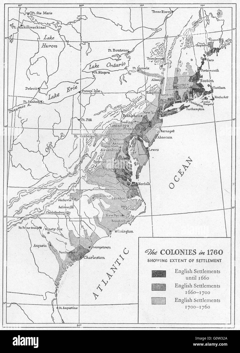 USA : les colonies en 1760 montrant l'étendue de la colonisation, croquis, 1942 Banque D'Images