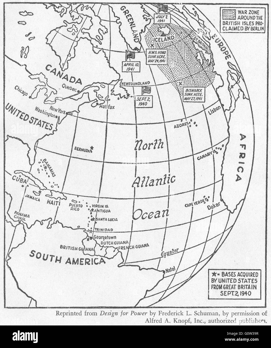 WW2 : UK zone de guerre déclarée, Berlin : bases britanniques remis à USA 1940 croquis, 1942 Banque D'Images