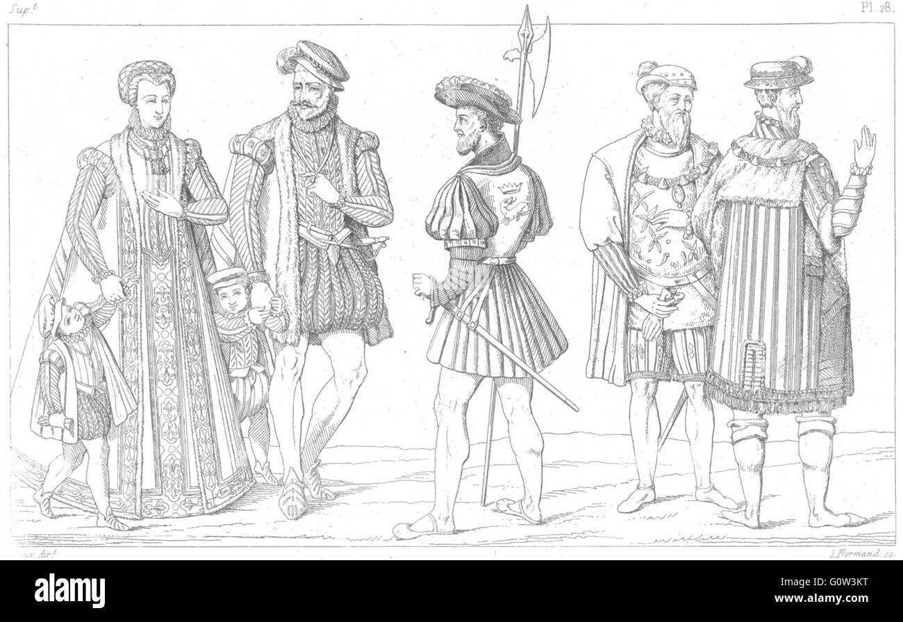 FRANCE : Costumes : Famille de qualite(1572) ; Archer ; Seigneurs un mode(1540), 1875 Banque D'Images