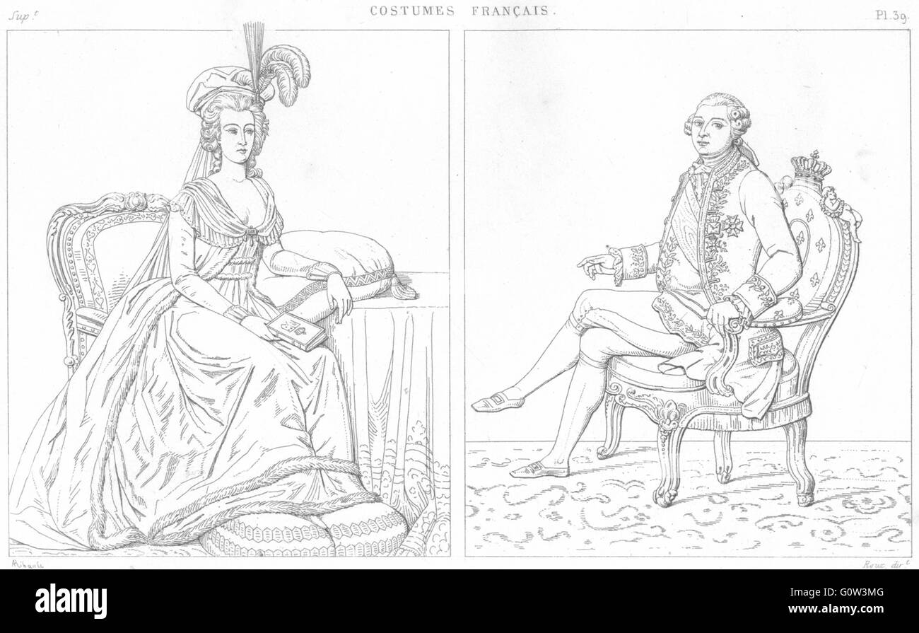 FRANCE : costumes : Marie Antoinette ; Louis XVI, antique print 1875 Banque D'Images