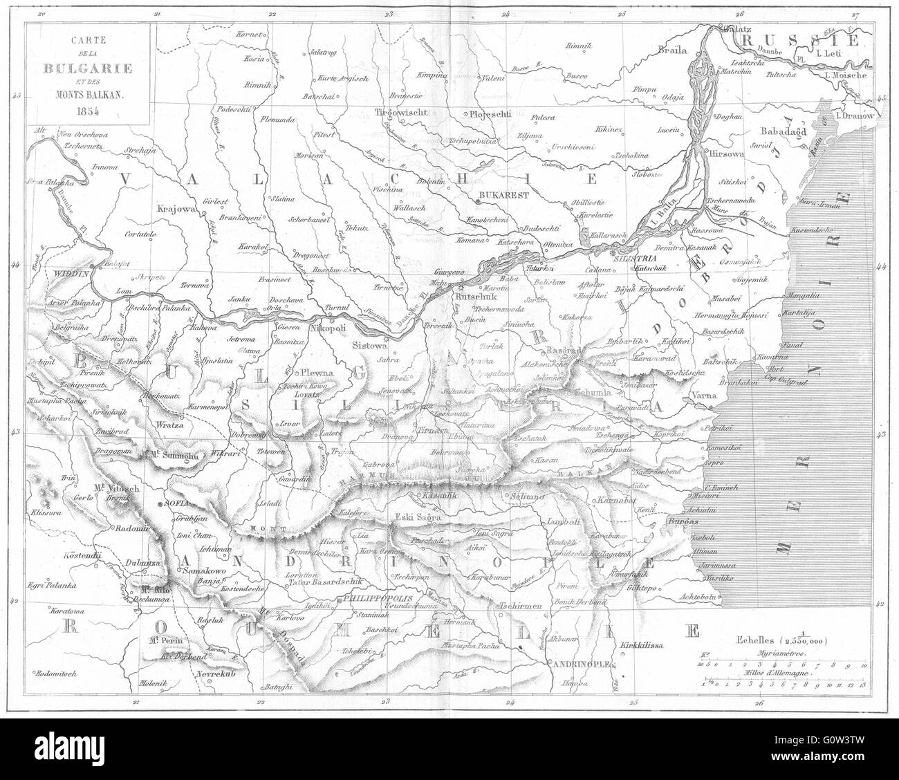 BALKANS : Carte de Bulgarie Bulgarie 1854 Monts Balkan, 1879 carte antique Banque D'Images