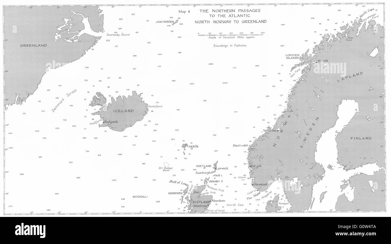 WW2 : NAVAL Sept-Dec 1939 : le nord de l'Atlantique, de la Norvège au Groenland Les Passages, 1954 map Banque D'Images