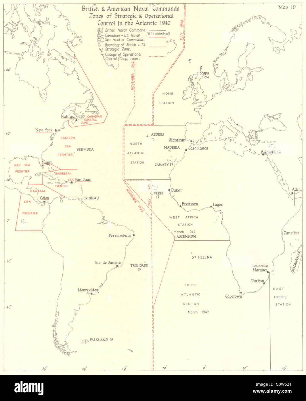 Bataille de l'Atlantique : US Naval britannique Zones 1942, 1956 commande carte vintage Banque D'Images