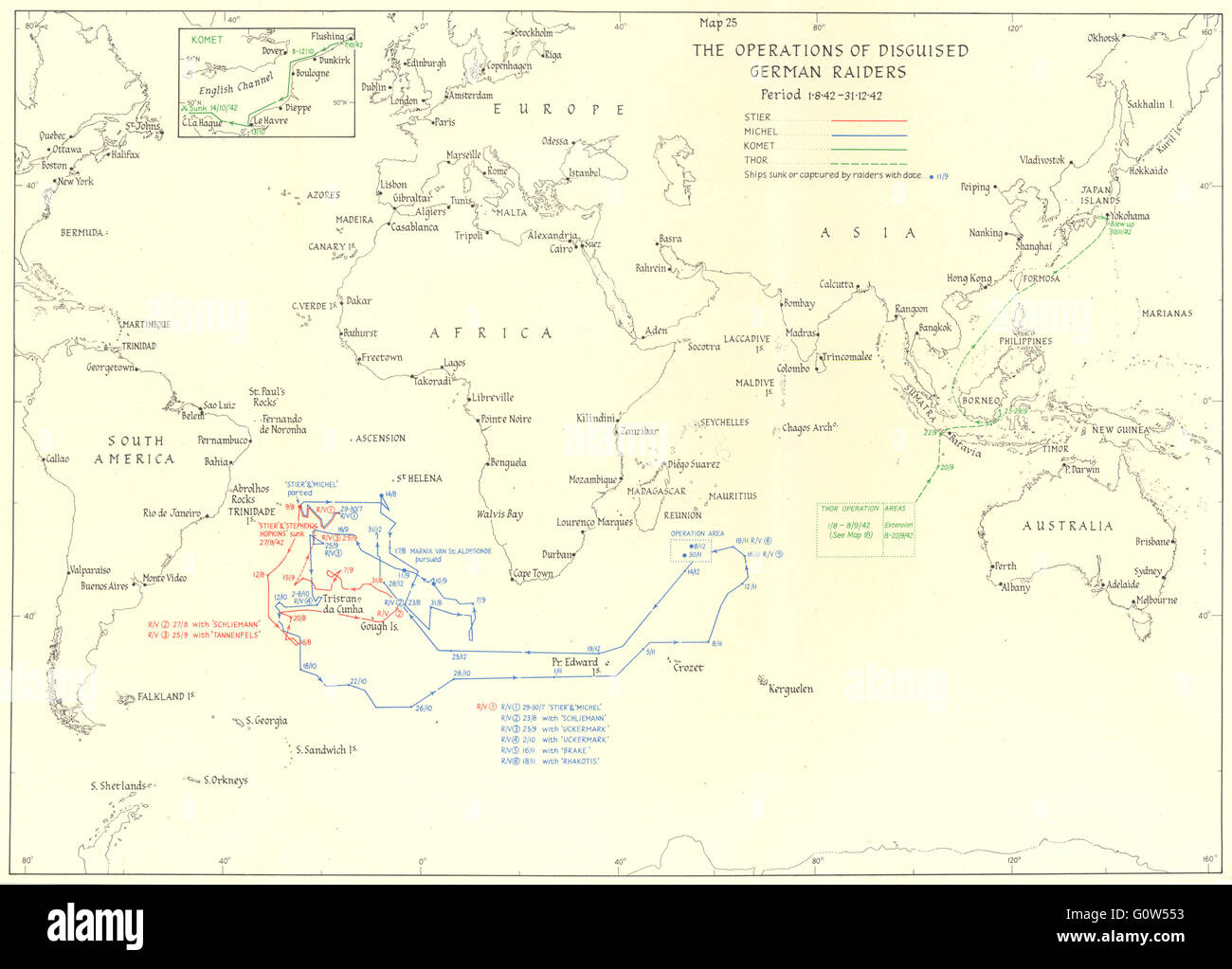 WW2 LA GUERRE NAVALE : Aug-Dec 1942 Opérations des Allemands déguisés, 1956 map Banque D'Images