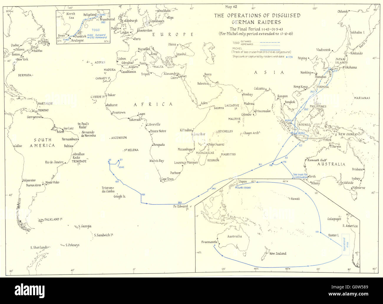 WW2 LA GUERRE NAVALE : Janvier 1943 Opérations des Allemands déguisés, 1956 map Banque D'Images