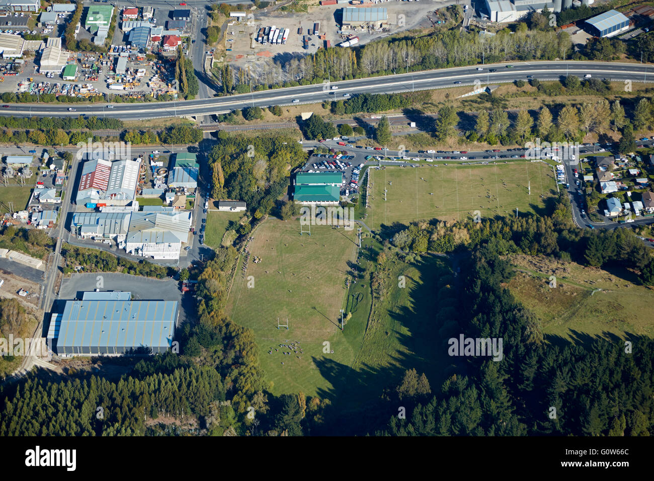 L'Île Verte Rugby Club, Miller Park, Green Island, Dunedin, Otago, île du Sud, Nouvelle-Zélande - vue aérienne Banque D'Images