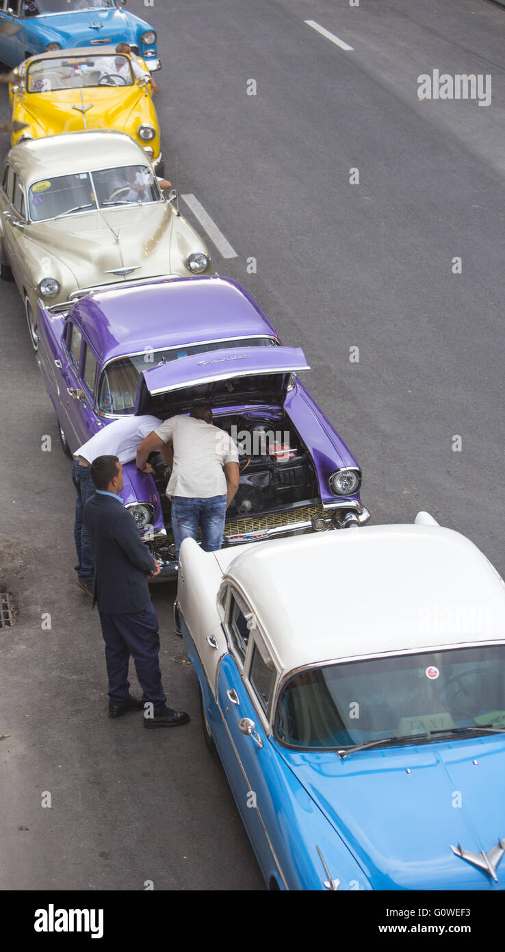 La Havane, Cuba, Cuba. 3 mai, 2016. Le contrôle du conducteur de sa voiture d'époque après la suppression des invités au Paseo del Prado promenade où Chanel collection Croisière '''' 2016/2017 défilé a eu lieu à La Havane, Cuba le 3 mai 2016. Chanel a embauché plus de 150 ''almendrones'' (le Old US cars) aménagée comme un emblème de l'île socialiste à transporter les clients autour de la ville. Les voitures anciennes de Cuba est apparue comme une impression sur plusieurs morceaux. Maison de couture française Chanel a mis en scène son spectacle dans la capitale cubaine La Havane - le premier défilé de l'Internationale communiste depuis 1959 revoluti Banque D'Images