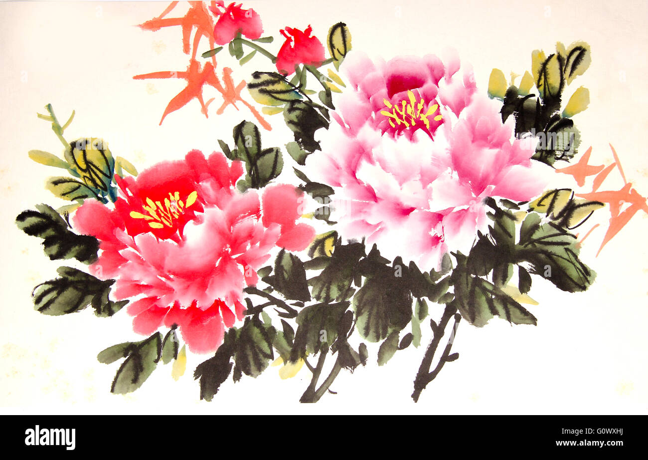 Dessin à l'encre de pivoine chinoise Banque D'Images