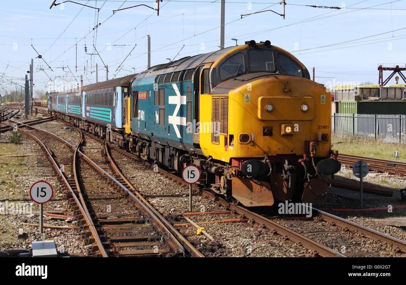 Locomotive diesel de la classe 37 37401 Marie, Reine des Écossais, en gros logo livery arrivant à Erquy avec un train de passagers de Barrow Banque D'Images
