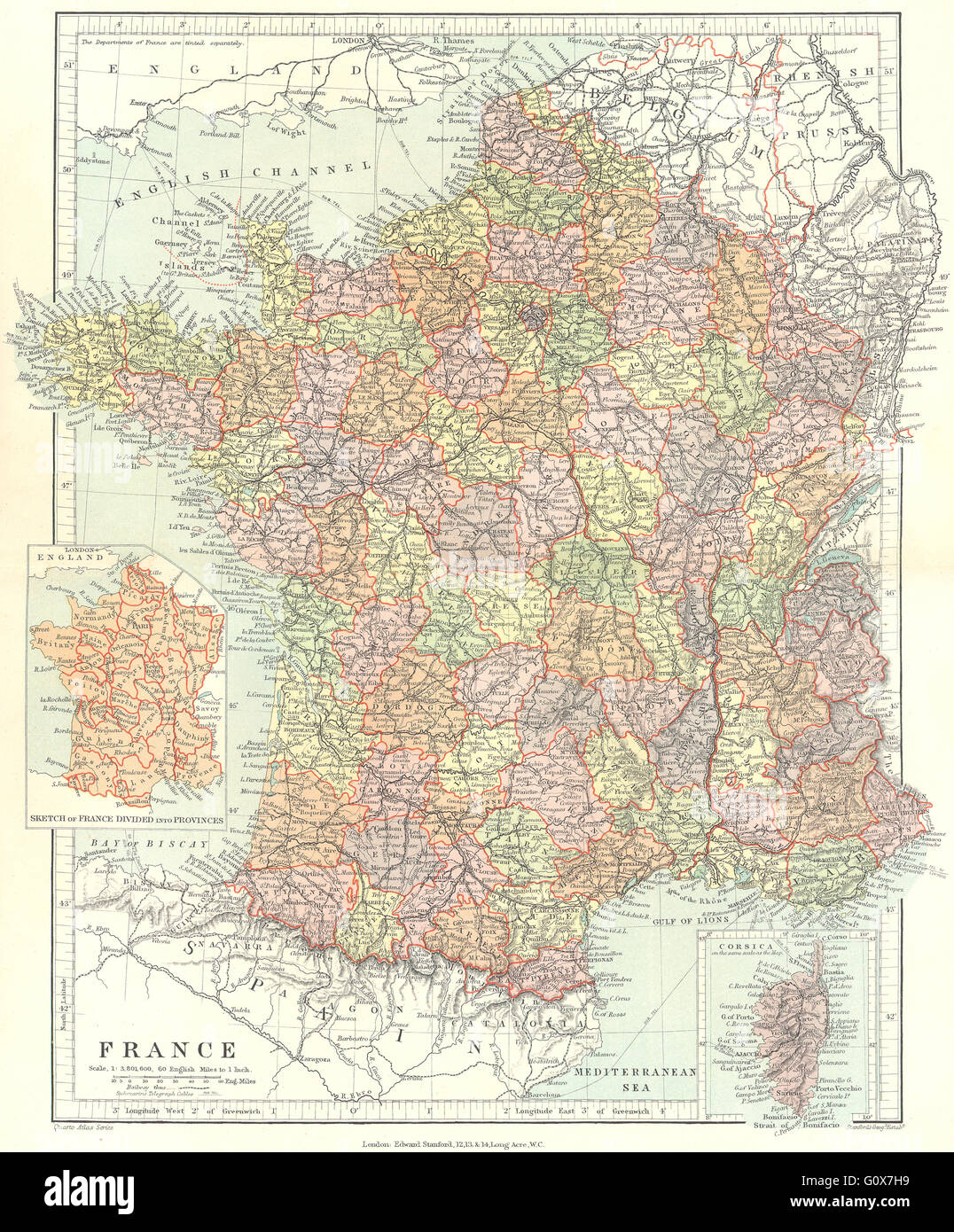 FRANCE : dans les ministères, w/o Alsace Lorraine. Provinces de l'encart. STANFORD, 1906 map Banque D'Images