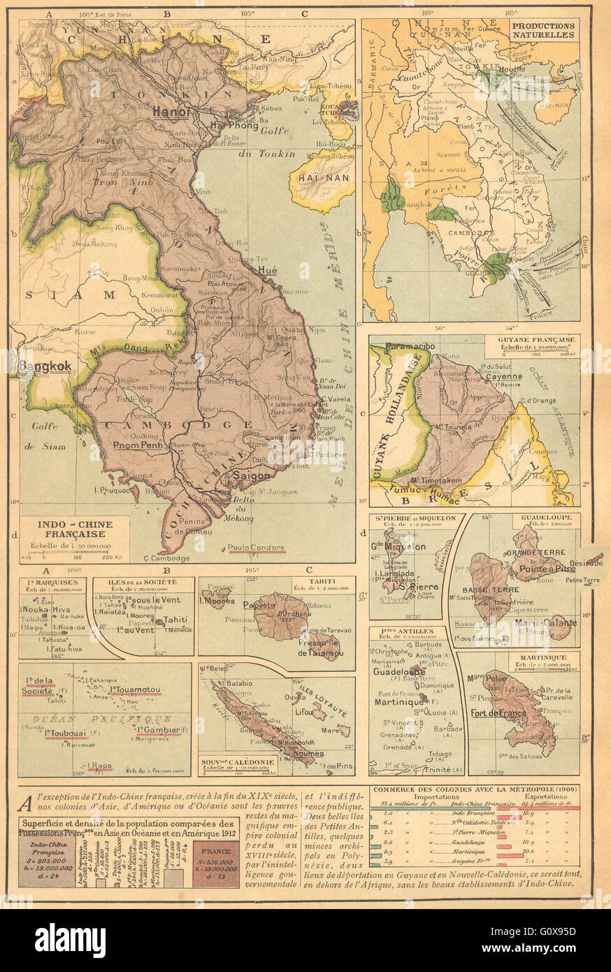 COLONIES FRANÇAISES Indochine : Polynésie française Guadeloupe Antilles Martinique, 1923 map Banque D'Images