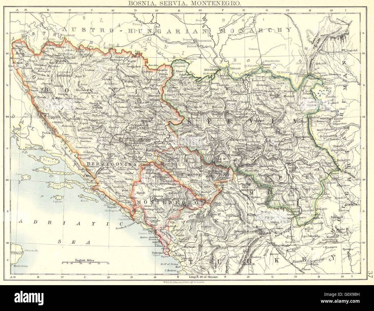 Bosnie : la Bosnie, la Serbie et Monténégro, Serbie, 1897 carte antique Banque D'Images