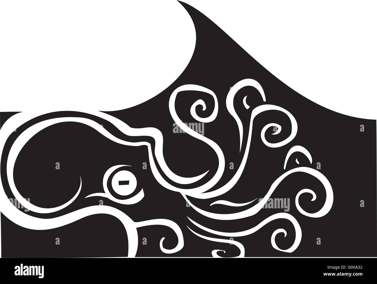 Woodcut style octopus sous les vagues. Illustration de Vecteur
